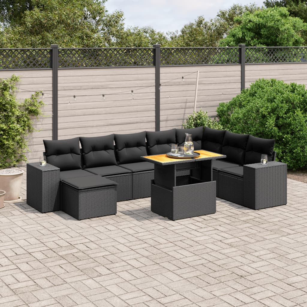 9 Piece Garden Sofa Set with Cushions Black Poly Rattan