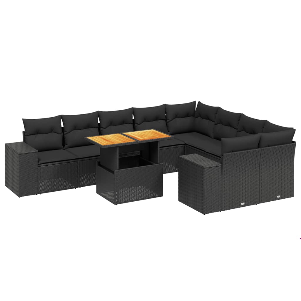 10 Piece Garden Sofa Set with Cushions Black Poly Rattan