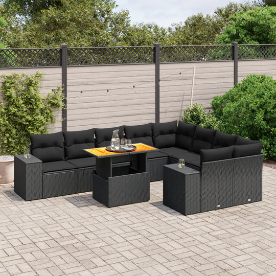 10 Piece Garden Sofa Set with Cushions Black Poly Rattan