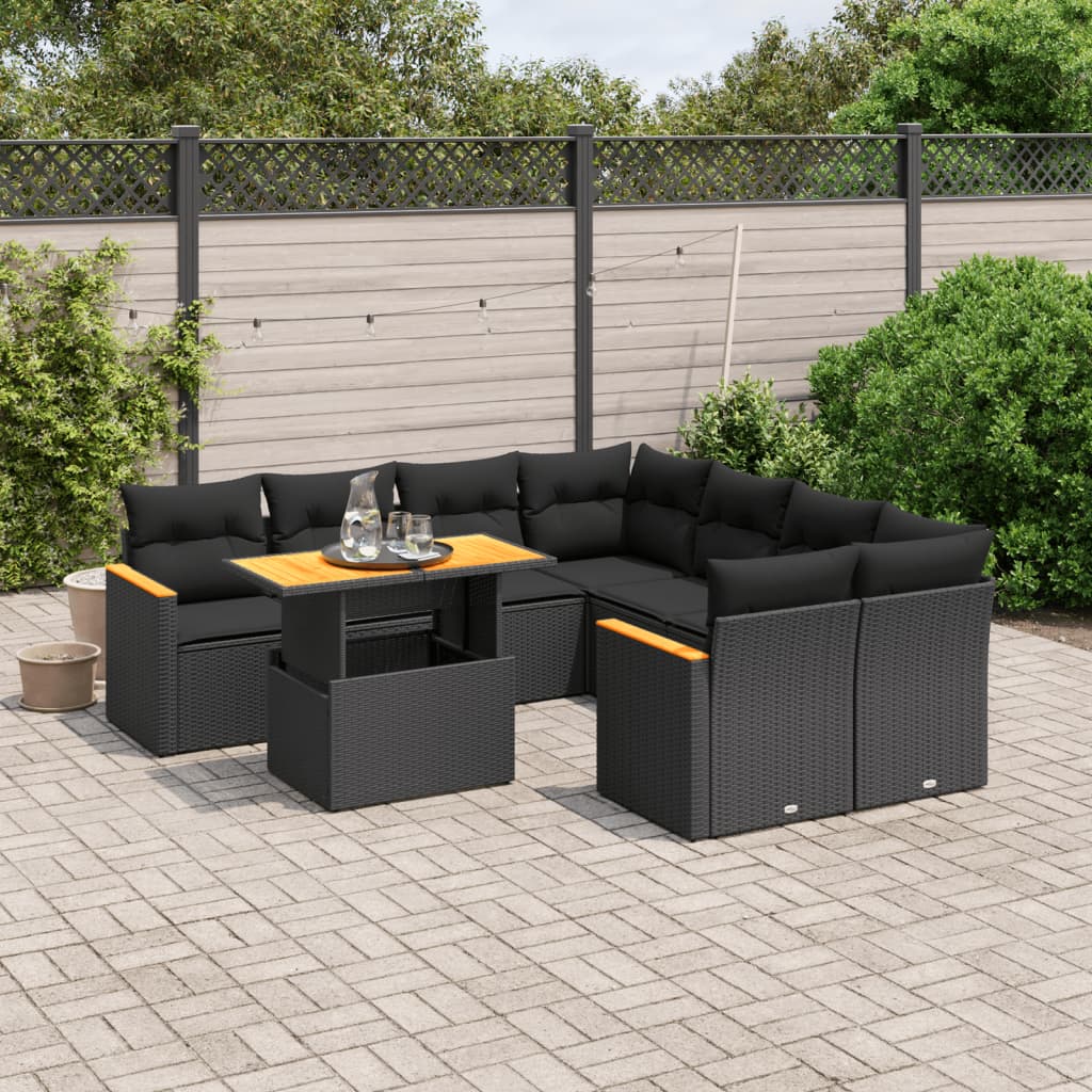 9 Piece Garden Sofa Set with Cushions Black Poly Rattan