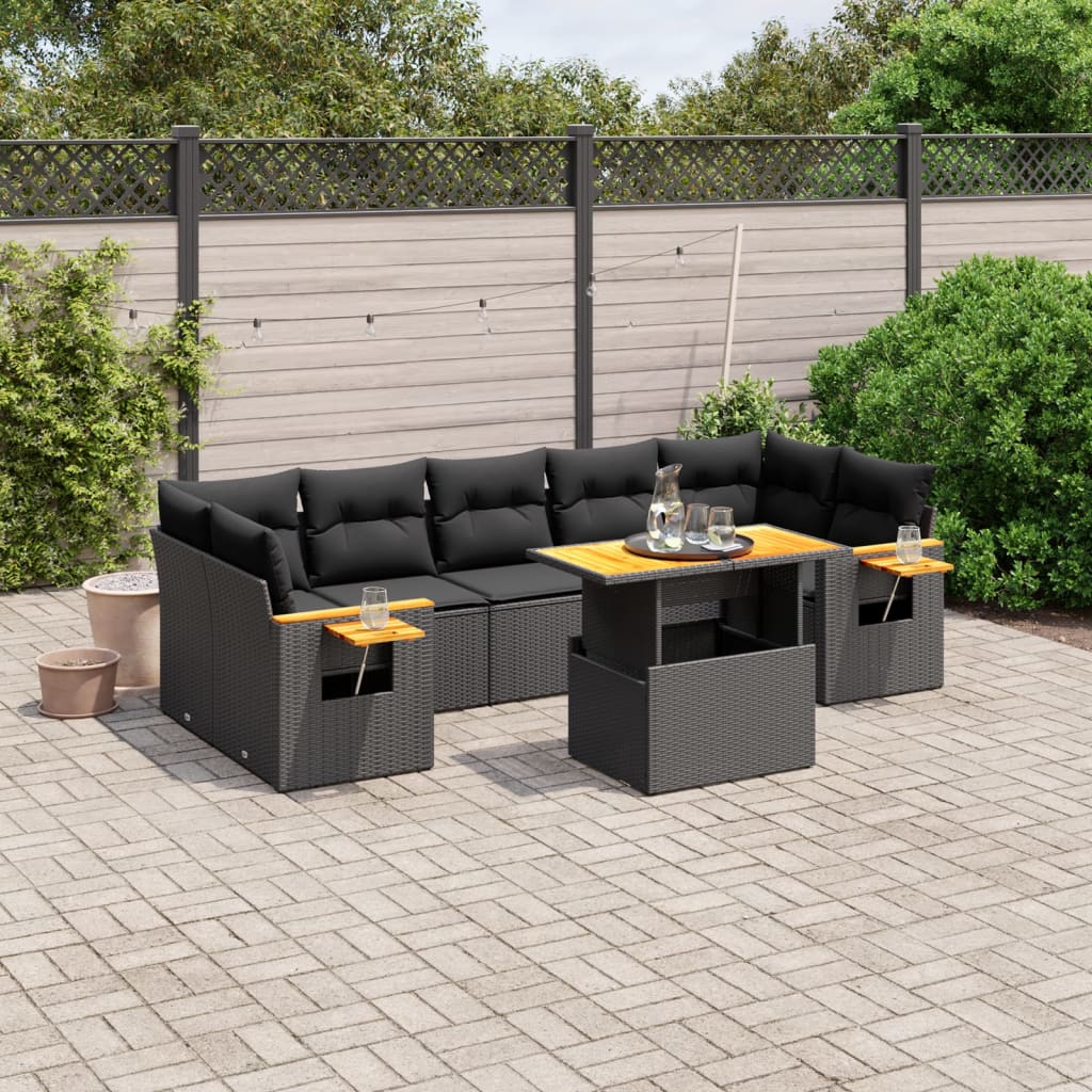 8 Piece Garden Sofa Set with Cushions Black Poly Rattan