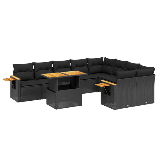 10 Piece Garden Sofa Set with Cushions Black Poly Rattan