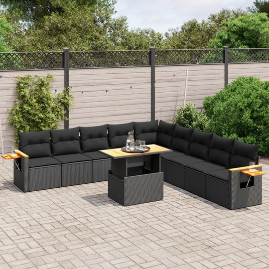 11 Piece Garden Sofa Set with Cushions Black Poly Rattan