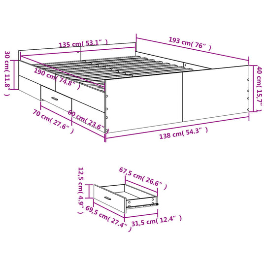 Bed Frame with Drawers without Mattress White 135x190 cm