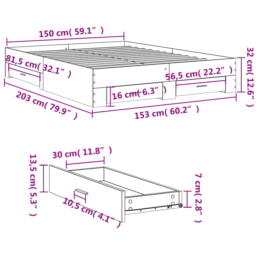 Bed Frame with Drawers without Mattress White 150x200 cm