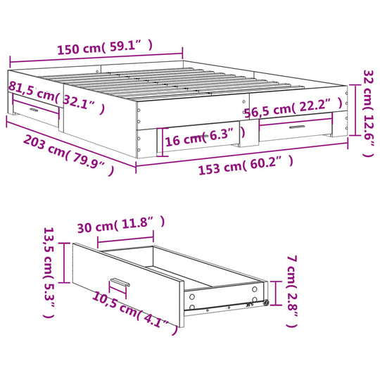 Bed Frame with Drawers without Mattress White 150x200 cm