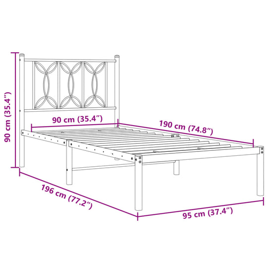 Metal Bed Frame without Mattress with Headboard Black 90x190 cm