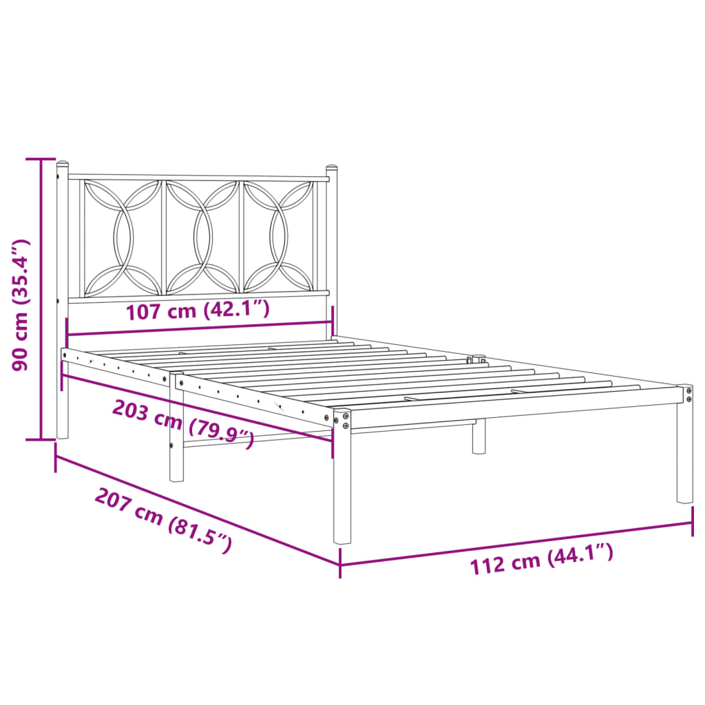 Metal Bed Frame without Mattress with Headboard Black 107x203 cm King Single