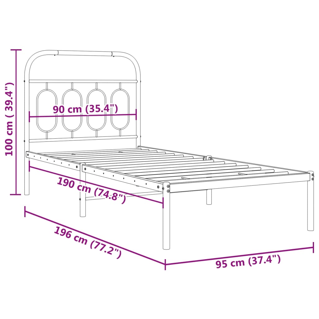 Metal Bed Frame without Mattress with Headboard Black 90x190 cm