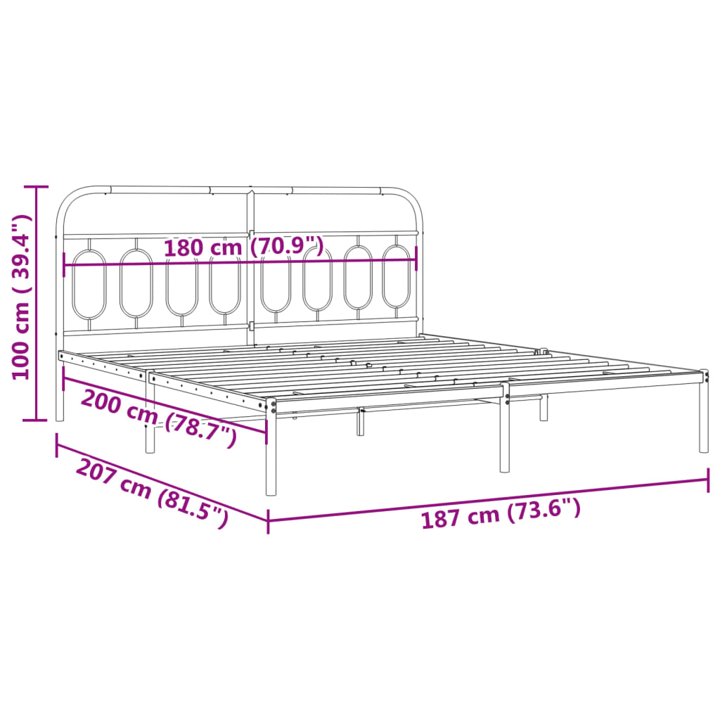 Metal Bed Frame without Mattress with Headboard Black 183x203 cm King