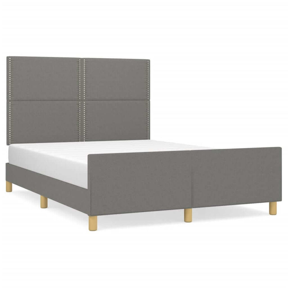 Affordable dark grey double bed frame with adjustable headboard, quality fabric, and sturdy legs for DIY bedroom luxury, 137x187 cm.