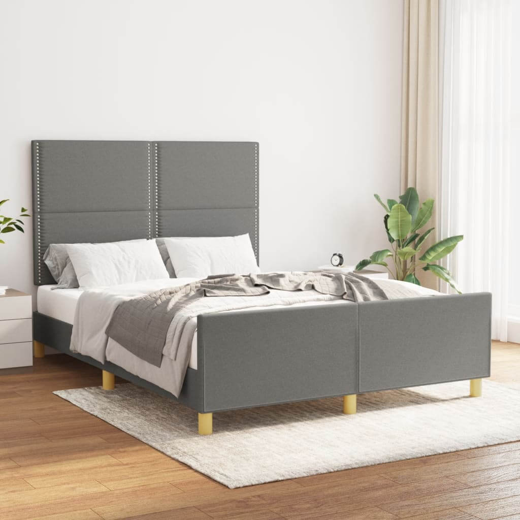 Affordable dark grey double bed frame with adjustable headboard and sturdy legs, ideal for a luxe DIY bedroom setup.