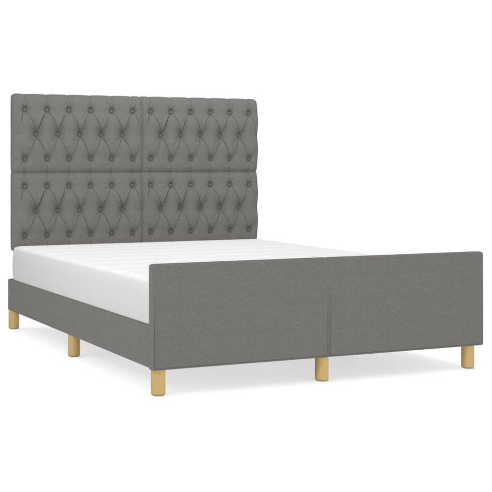 Affordable dark grey double bed frame with adjustable headboard, durable fabric, and supportive legs for quality sleep. Ideal for DIY luxe.