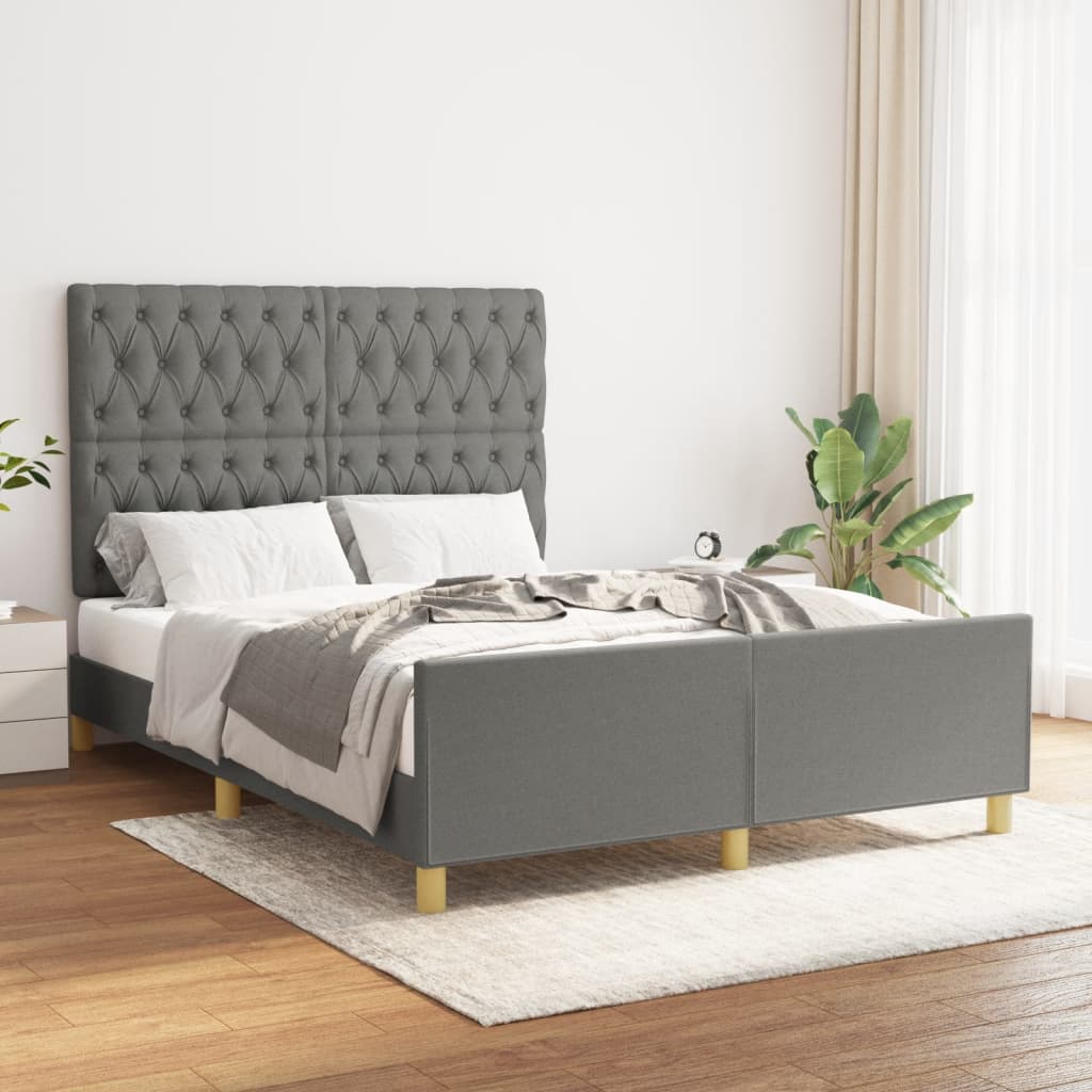 Affordable dark grey fabric bed frame with an adjustable headboard and sturdy legs, perfect for a luxe DIY bedroom setup.