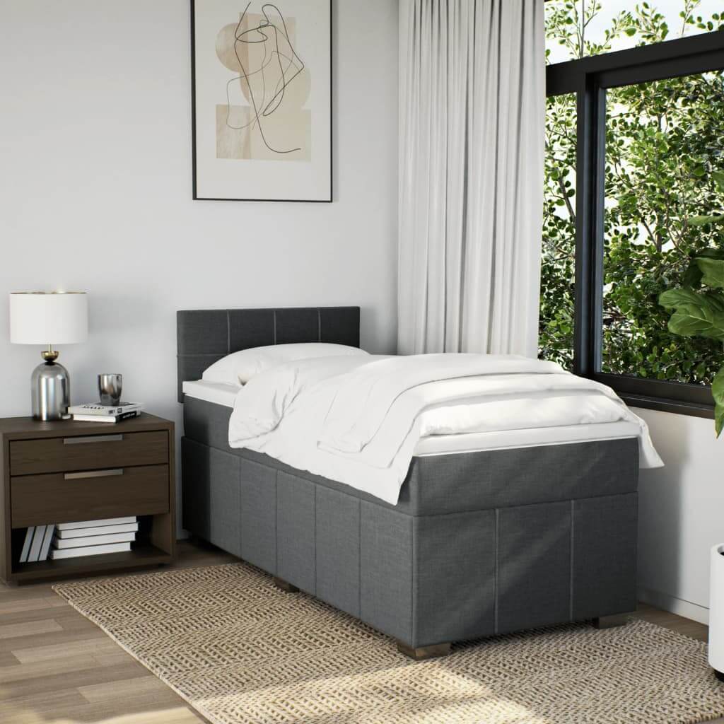 Affordable dark grey box spring bed with mattress, king single size. Quality DIY assembly in luxe polyester fabric.