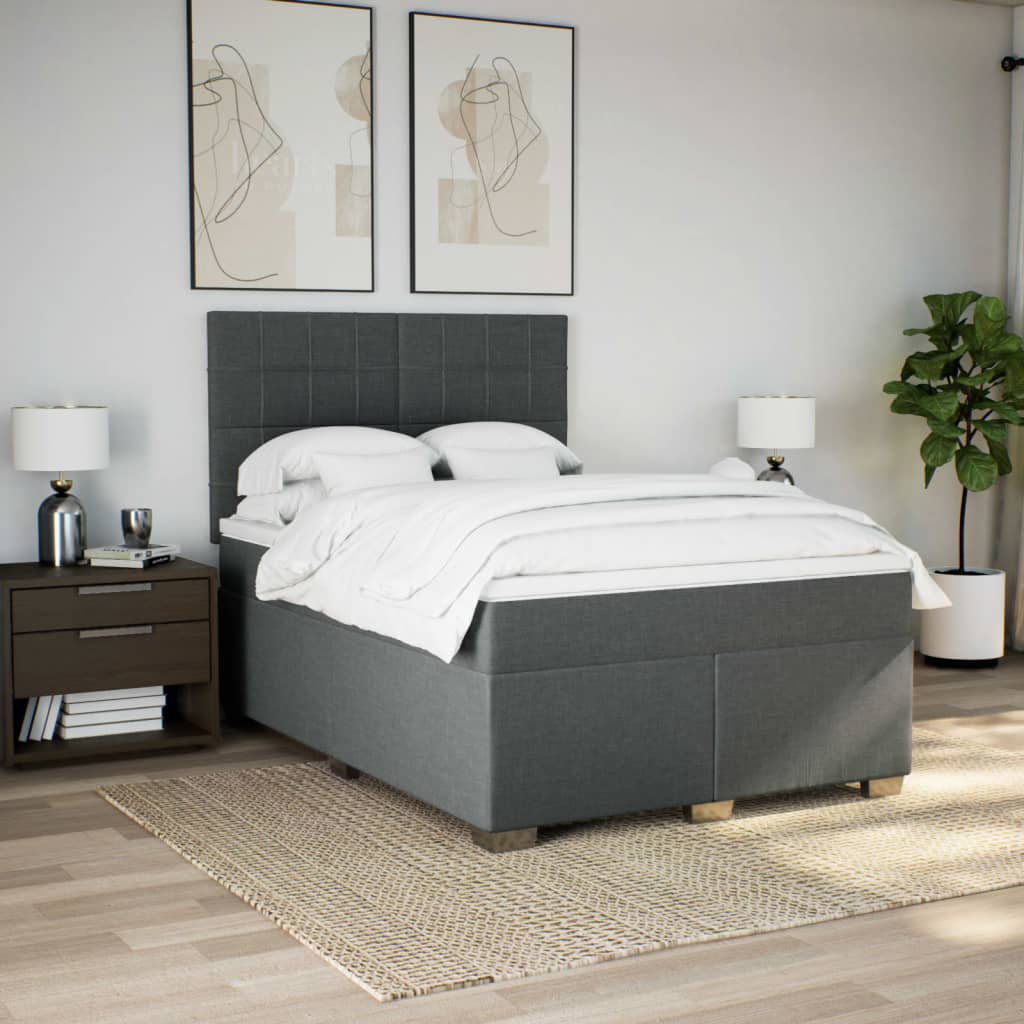 Affordable dark grey queen box spring bed with mattress, quality DIY setup, luxe polyester fabric offering restful sleep