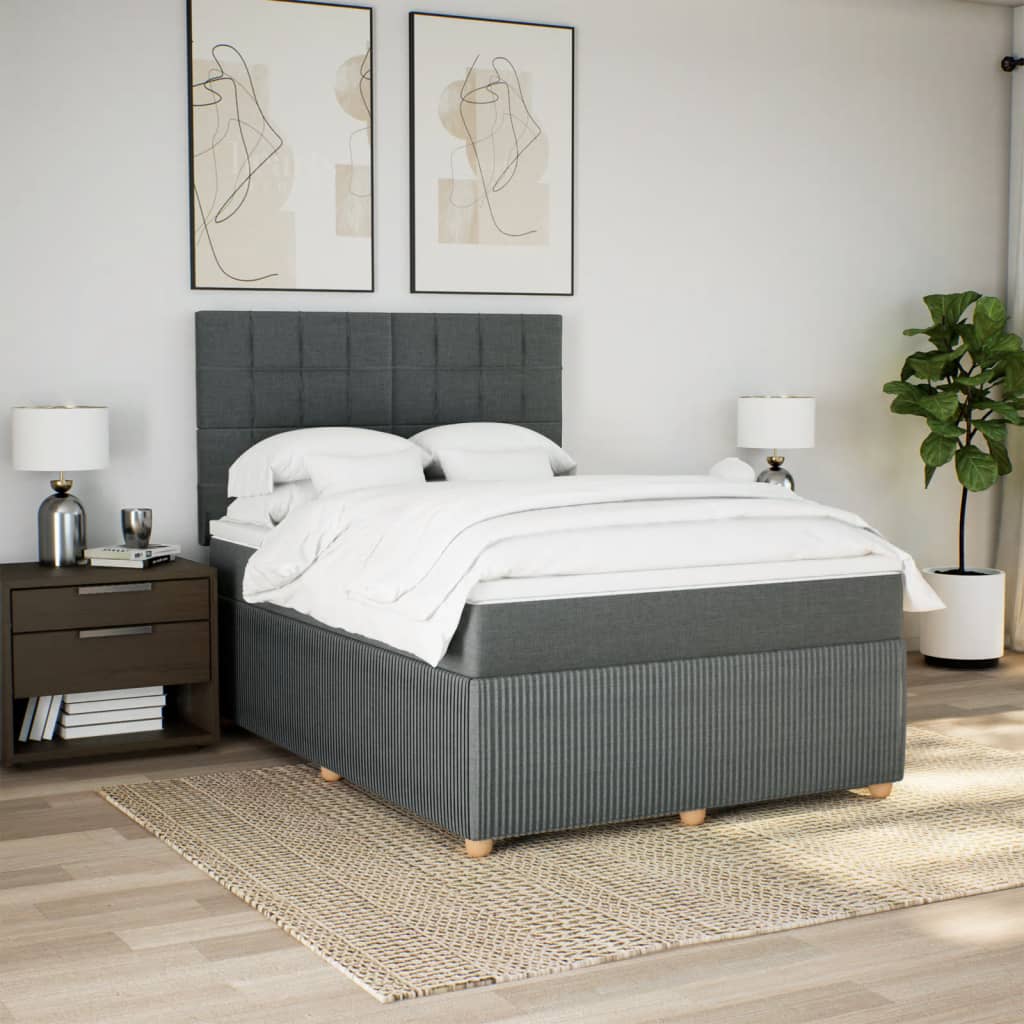 Dark grey queen box spring bed with mattress in modern bedroom, affordable and quality luxe DIY furniture.