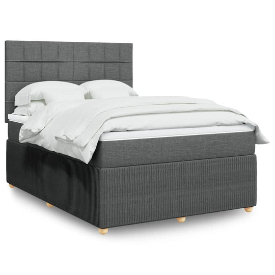 Affordable luxe dark grey queen box spring bed with mattress, DIY assembly, quality polyester fabric.