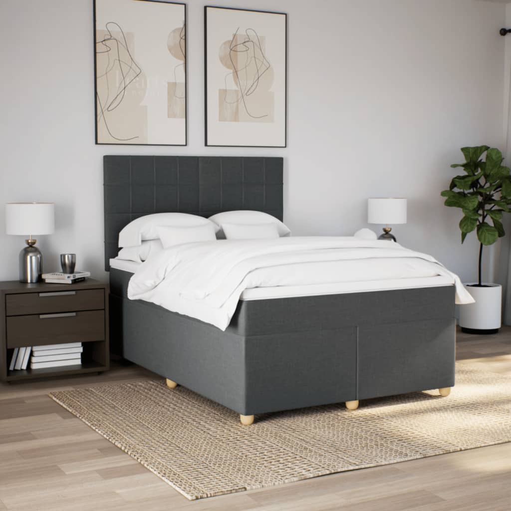 Affordable dark grey queen box spring bed with luxe pocket spring mattress in a modern bedroom setting.