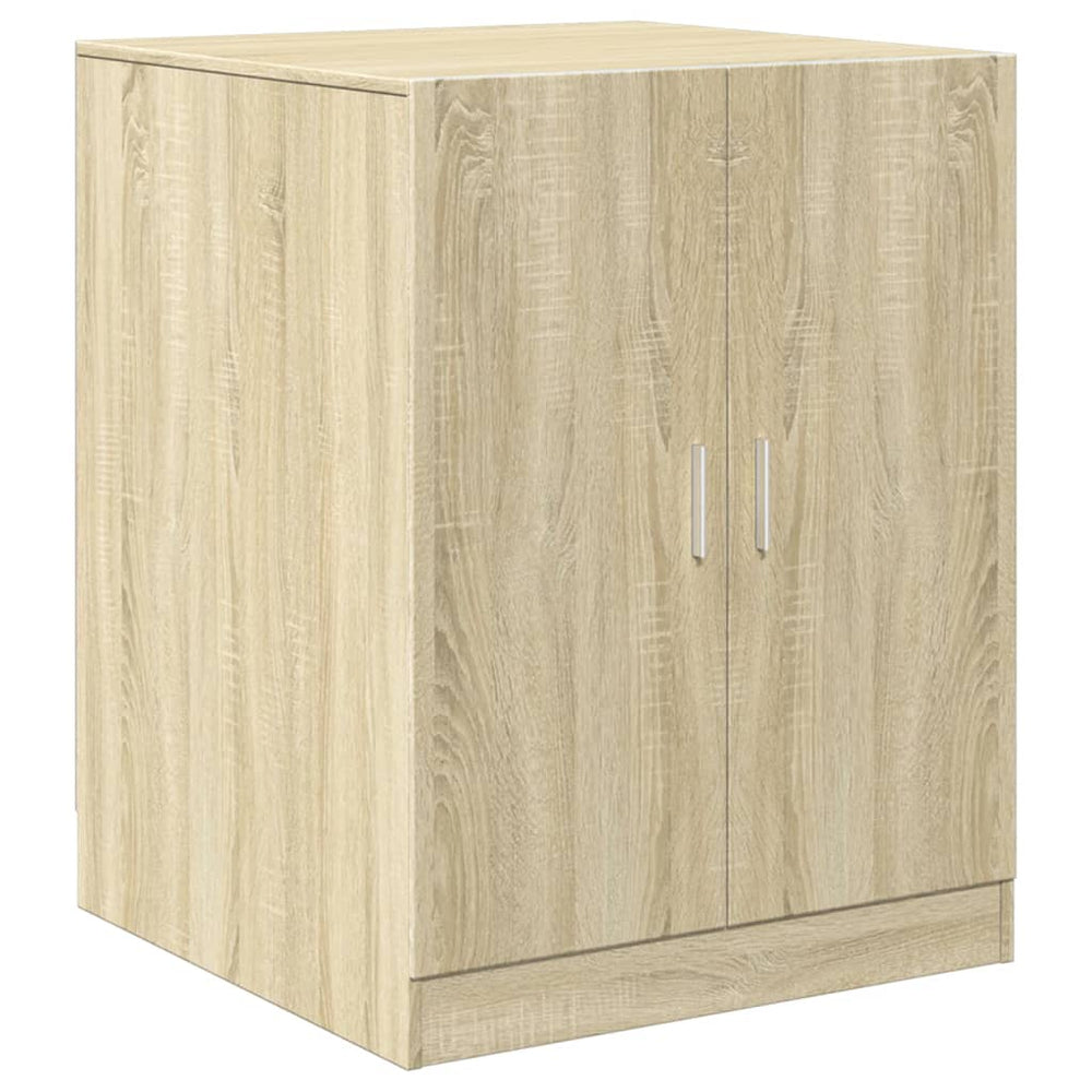 Affordable Sonoma Oak washing machine cabinet with ample storage, features quality engineered wood, budget-friendly bathroom solution.