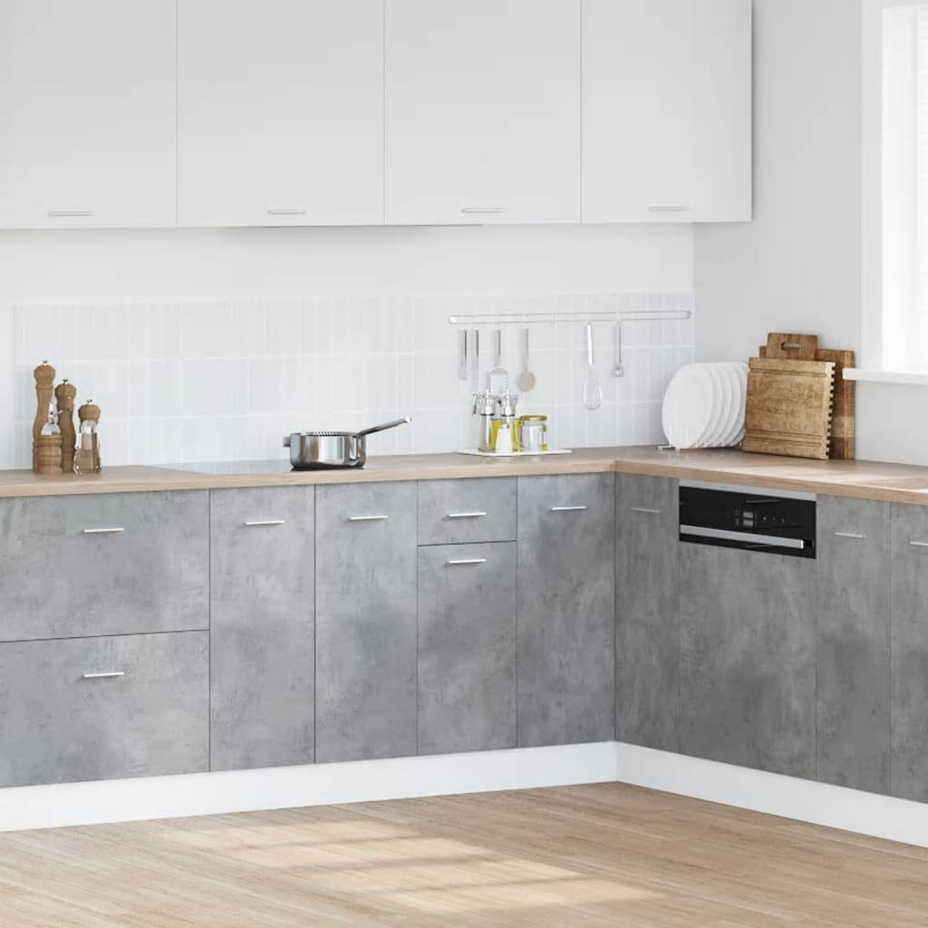 Modern kitchen with grey concrete cabinets and wood countertop, showcasing affordable and quality DIY luxe storage solutions.