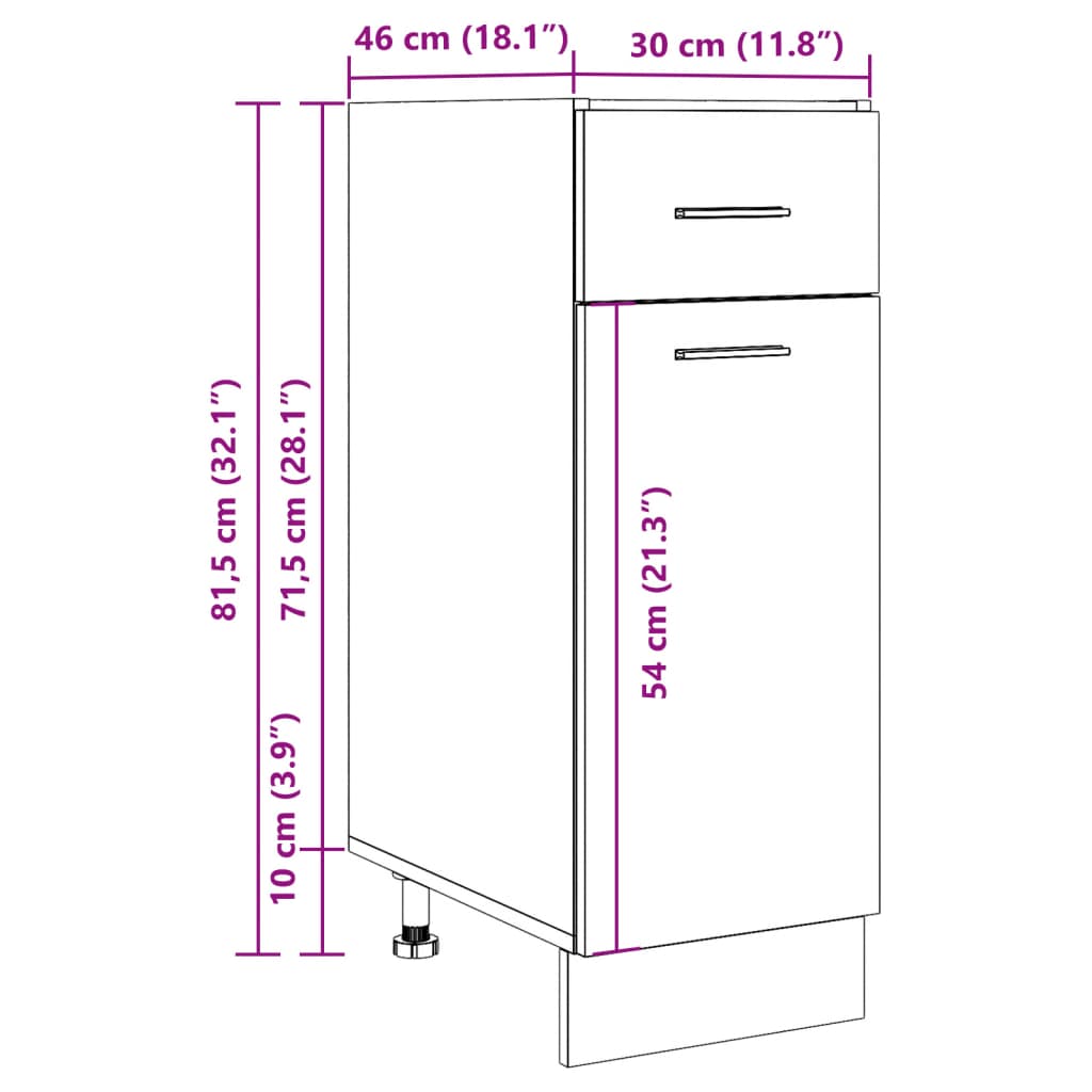 Dimension diagram of affordable quality drawer bottom cabinet in concrete grey, 30x46x81.5 cm, with 1 drawer and 2 compartments.