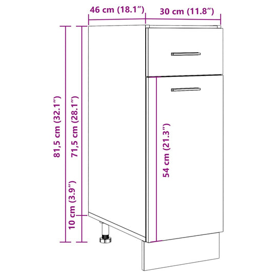 Dimension diagram of affordable quality drawer bottom cabinet in concrete grey, 30x46x81.5 cm, with 1 drawer and 2 compartments.