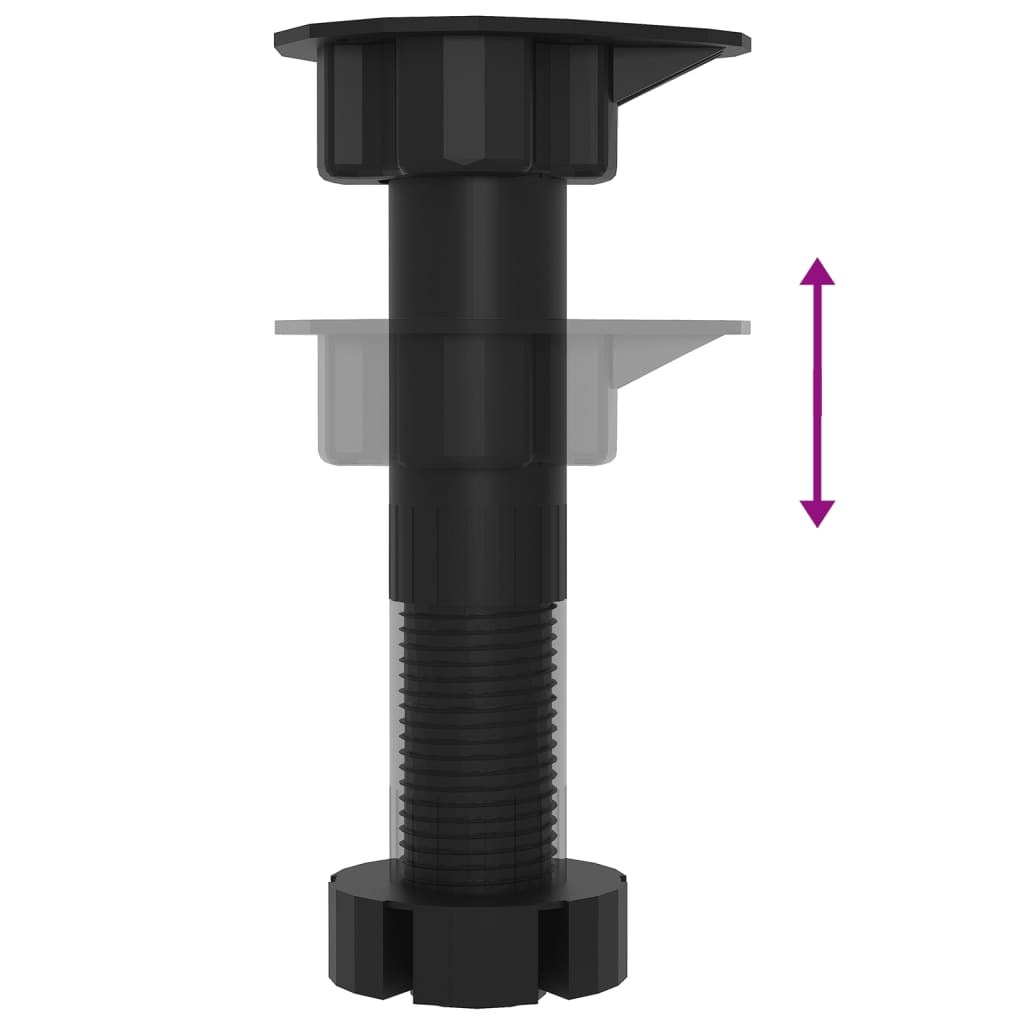 Adjustable black screw-in furniture leg with height adjustment indicator arrow shown.