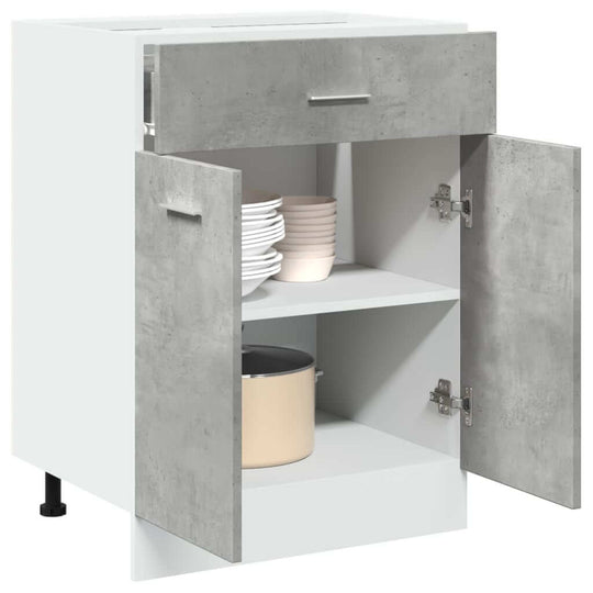 Affordable luxe concrete grey drawer bottom cabinet with ample storage, engineered wood, DIY kitchen solution for quality, cheap space optimization.