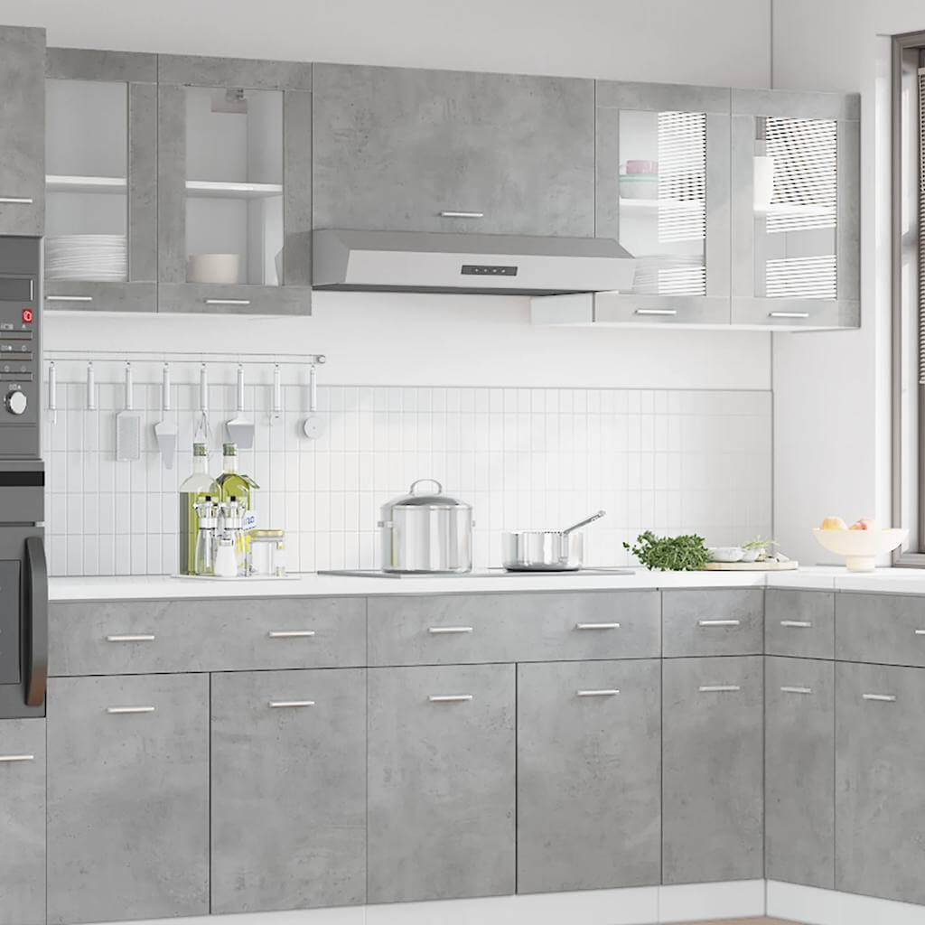 Concrete grey kitchen with affordable hanging glass cabinet, offering quality DIY storage for a luxe home upgrade.