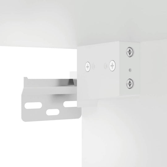 White metal bracket detail for mounting a hanging glass cabinet, showcasing durable construction and secure installation.