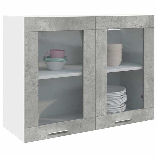 Hanging glass cabinet in concrete grey finish with glass doors, affordable quality for DIY kitchen storage, 80x31x60 cm.