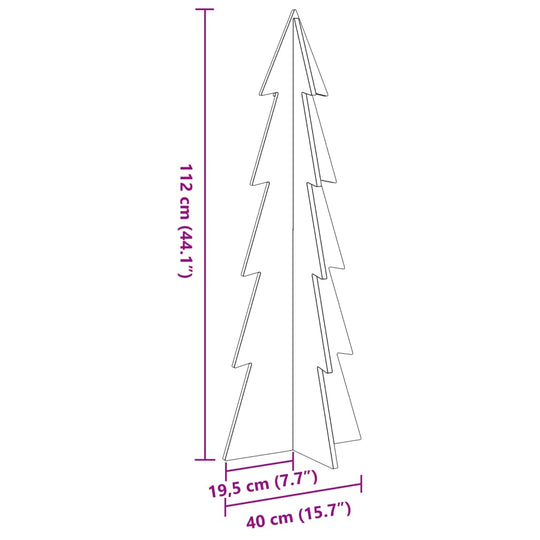 Diagram of 112 cm wooden Christmas tree for decoration, affordable quality design with dimensions labeled in centimeters and inches.