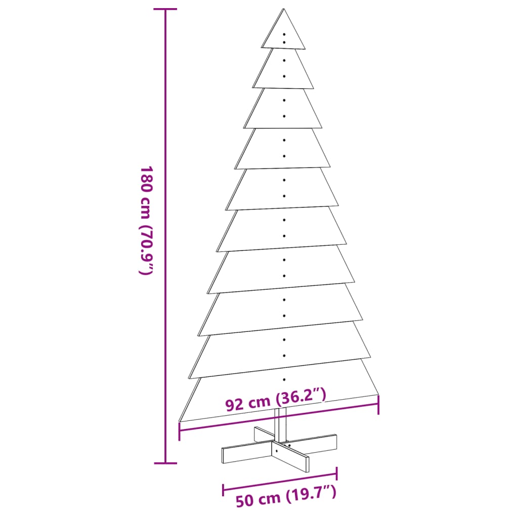 Diagram of 180 cm tall wooden Christmas tree with dimensions of 92 cm width and 50 cm base.