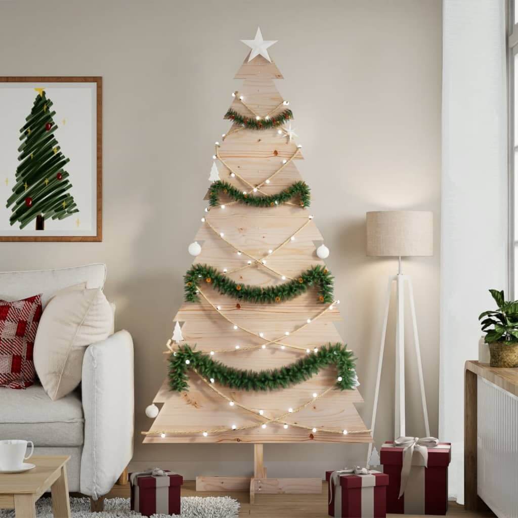 Wooden Christmas tree for decoration with lights and garlands in a cozy living room setting