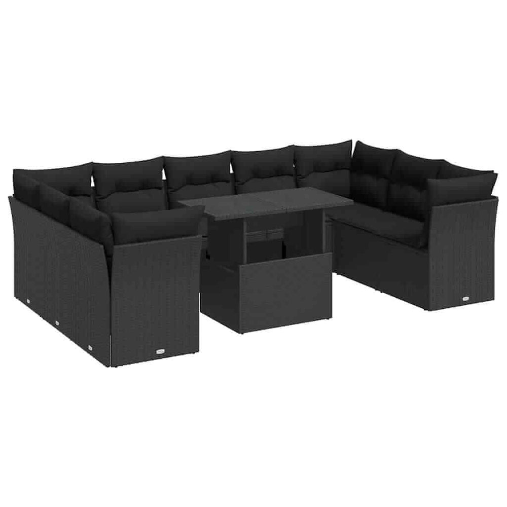 10 Piece black poly rattan garden sofa set with cushions and coffee table for outdoor relaxation and entertaining