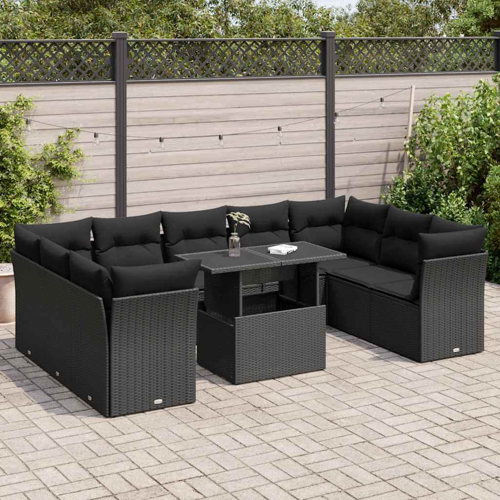 10 Piece Garden Sofa Set with Cushions in Black Poly Rattan, ideal for outdoor relaxation and entertaining in stylish comfort.