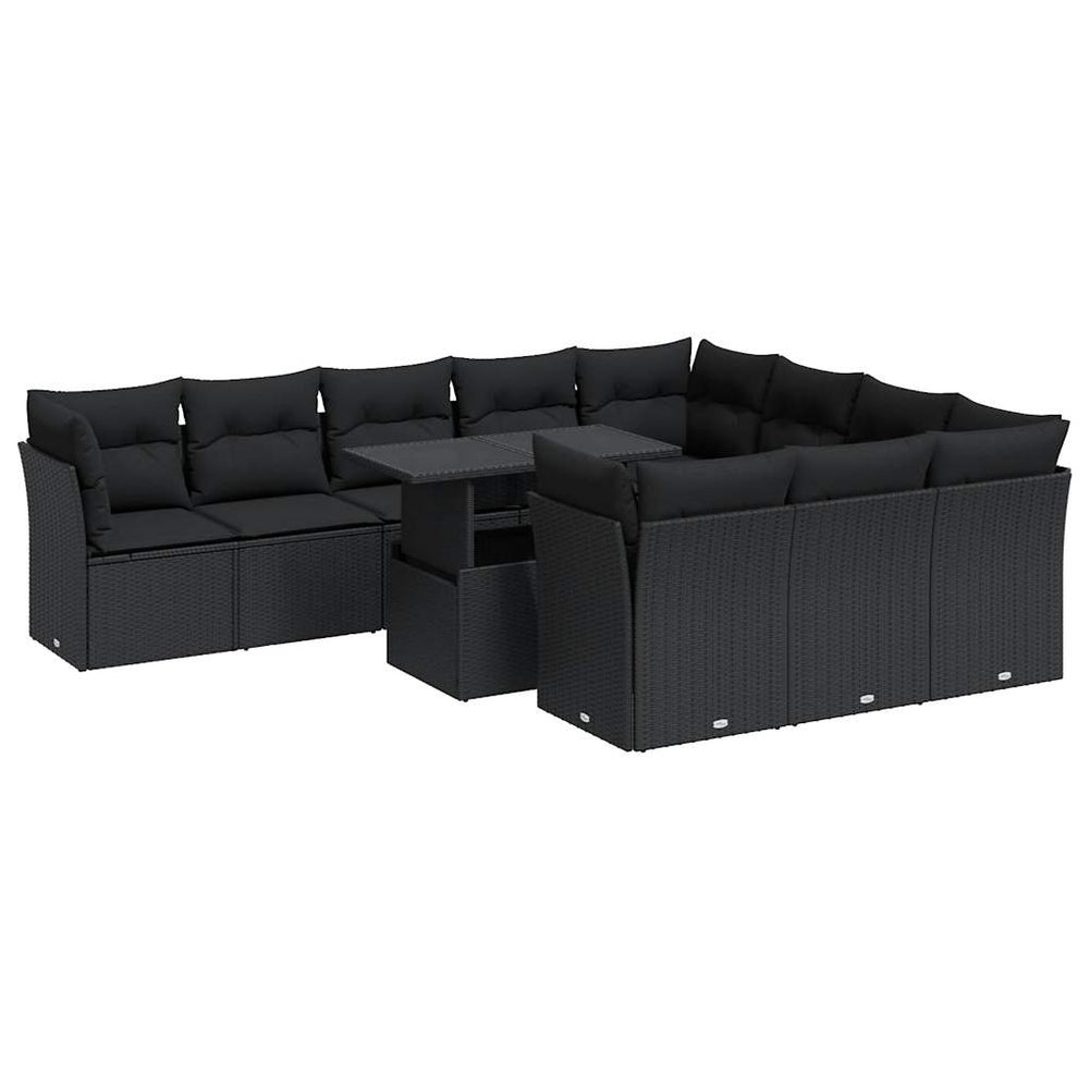 11 piece black poly rattan garden sofa set with cushions, perfect for affordable outdoor lounging and entertaining.