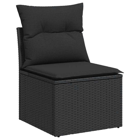 Black poly rattan garden chair with plush cushions, ideal for affordable outdoor furniture. Perfect for DIY patio setups.