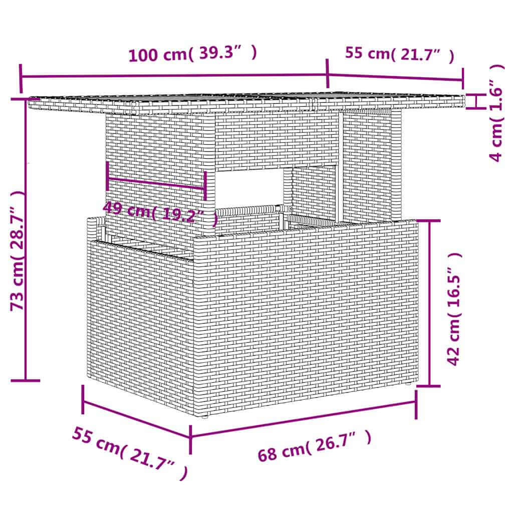 Dimensions diagram of an 11 piece garden sofa set with cushions in black poly rattan, showcasing size specifications.