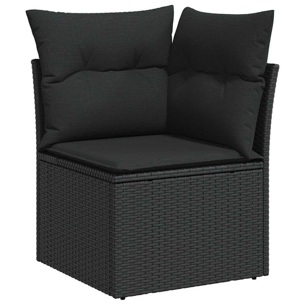 Comfortable corner chair from a 11 piece garden sofa set, features plush black cushions and durable poly rattan design. Affordable luxury.