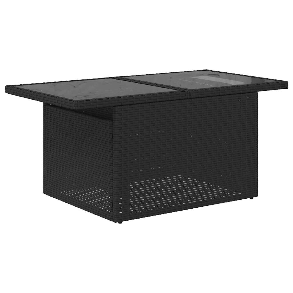 Black poly rattan coffee table with glass top for modern outdoor living, enhancing affordable backyard comfort.