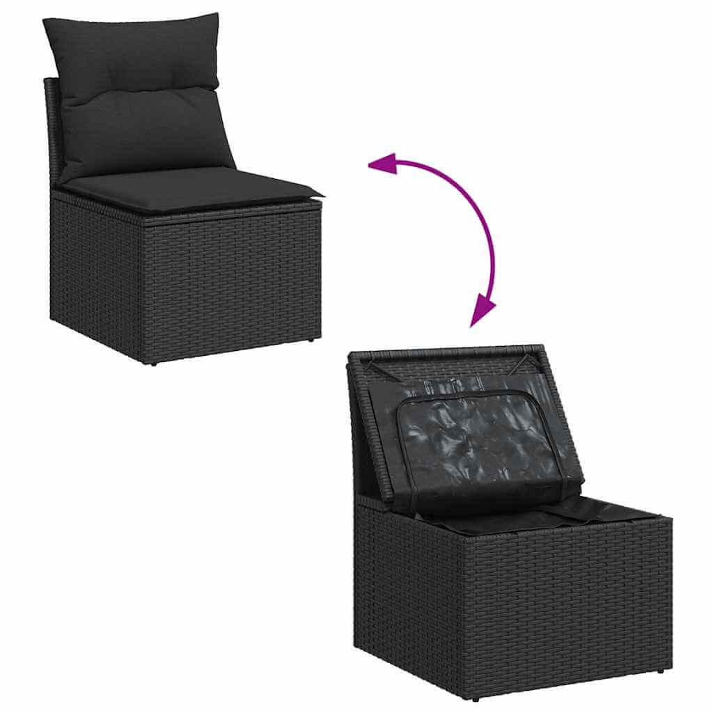 Black poly rattan garden chair with removable cushion and storage compartment, perfect for outdoor relaxation and convenience.