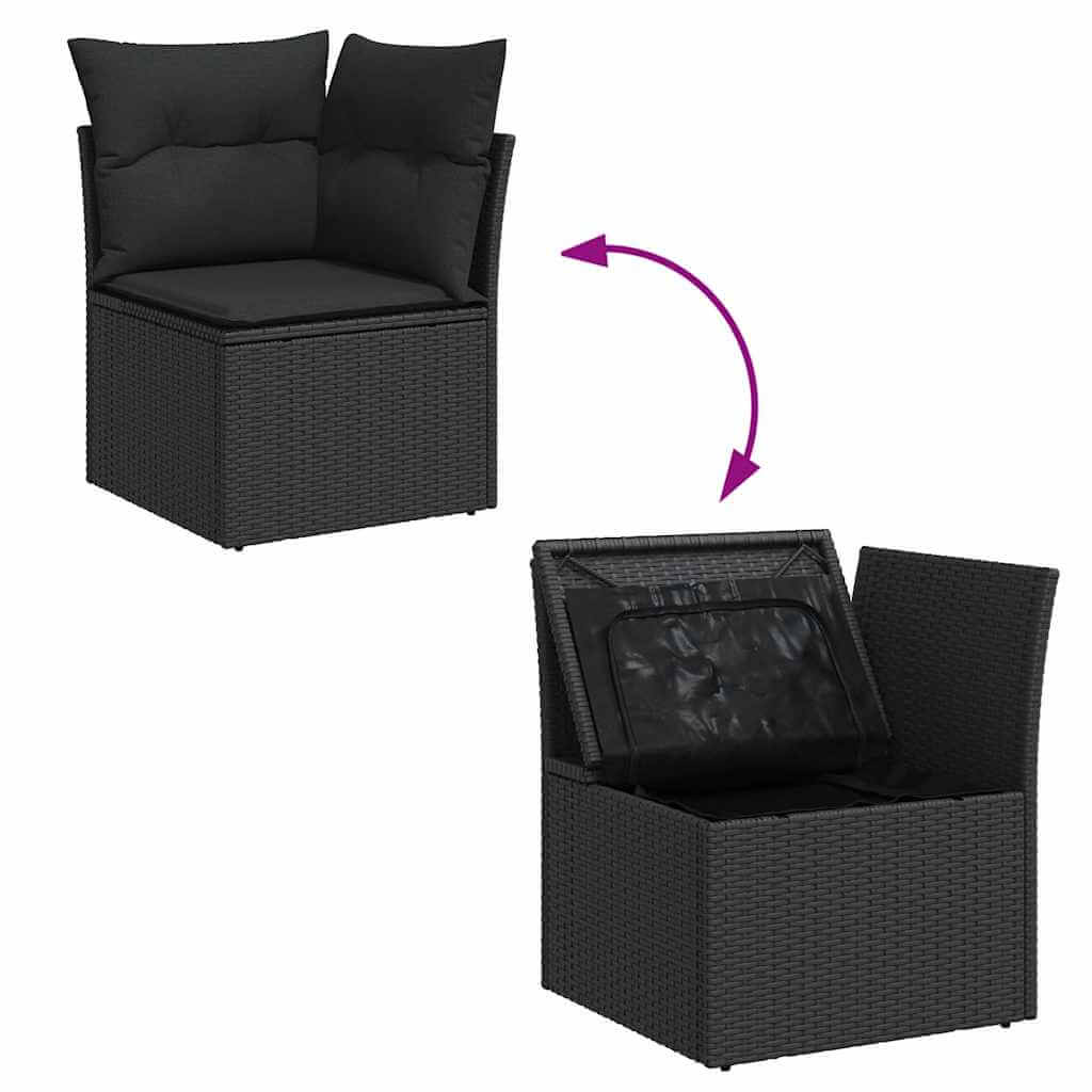 11 piece black poly rattan garden sofa set with reversible lid storage feature and cushioned seating for outdoor comfort.