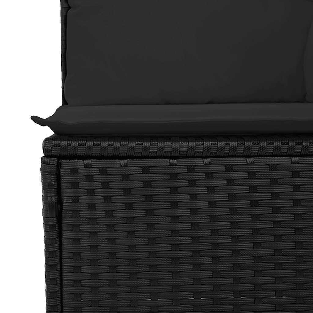 Close-up of black poly rattan sofa set with plush cushions, showcasing its quality and affordable design for outdoor spaces.