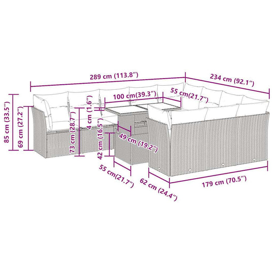 Garden sofa set dimensions diagram, featuring 11-piece black poly rattan design and cushion measurements for outdoor spaces.