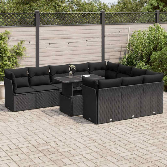 11 piece affordable black poly rattan garden sofa set with cushions for outdoor relaxation and conversation.