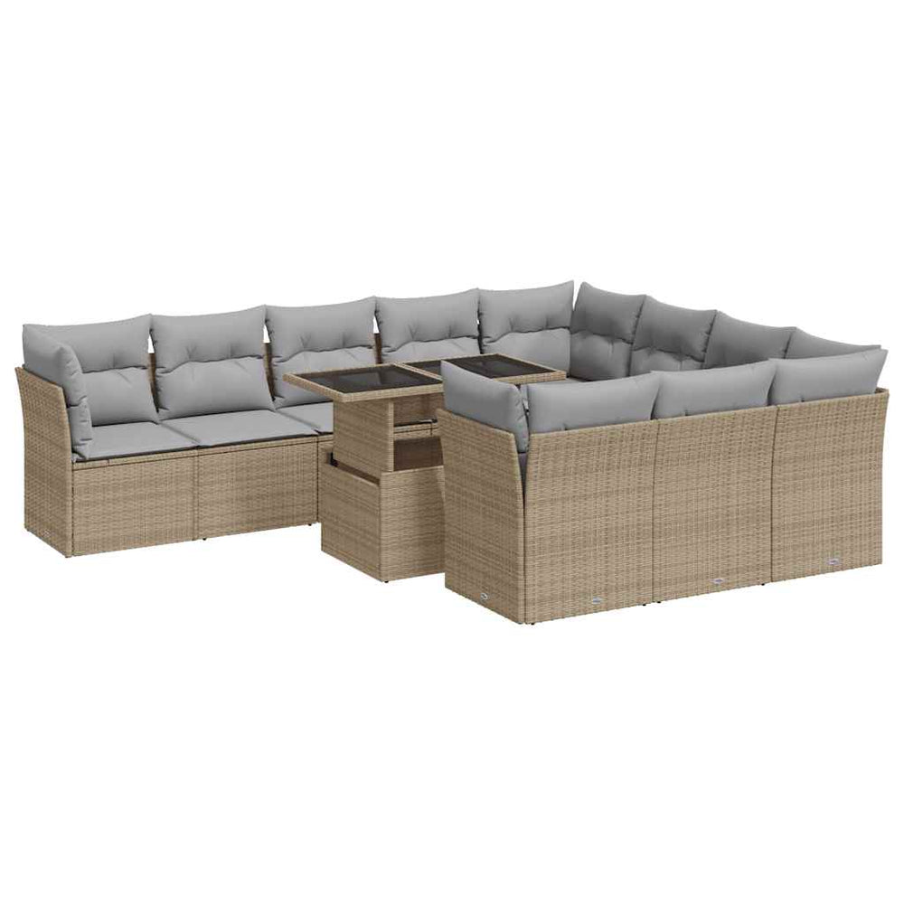 11 piece beige poly rattan garden sofa set with gray cushions and glass top table, perfect for outdoor entertaining.