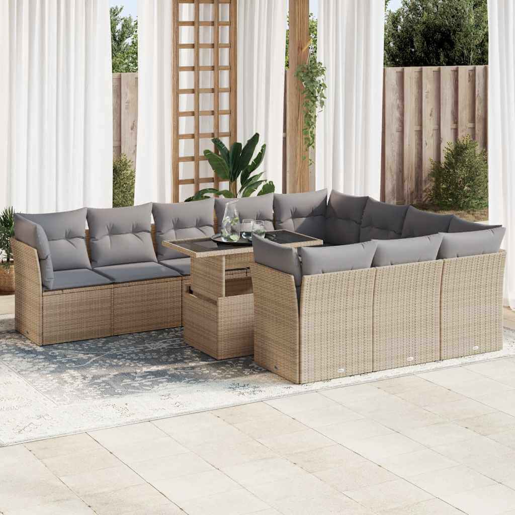 11-piece affordable garden sofa set in beige poly rattan with gray cushions, perfect for outdoor relaxation.