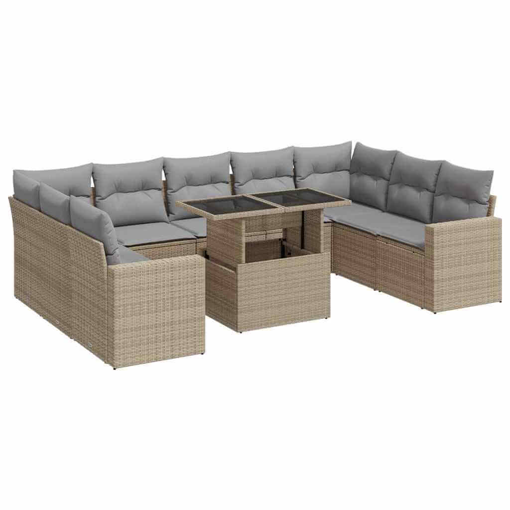 10 piece beige poly rattan garden sofa set with comfortable gray cushions and a glass-top coffee table. Affordable and stylish outdoor furniture.